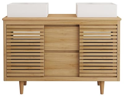Vente-unique Badkamermeubel op poten van teakhout met dubbele opzetwastafel vierkant in keramiek - B120 cm - TORAJA