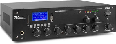 100V versterker - Power Dynamics PPA502 - 100V versterker met 2 zones - 50W met Bluetooth en mp3 speler - Ideaal voor kleine geluids- en omroepinstallaties