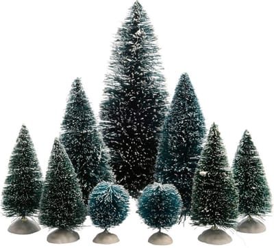 Decoris Kerstdorp kerstboompjes - 9x st - groen - 4-22 cm - kunststof - miniatuur boompjes