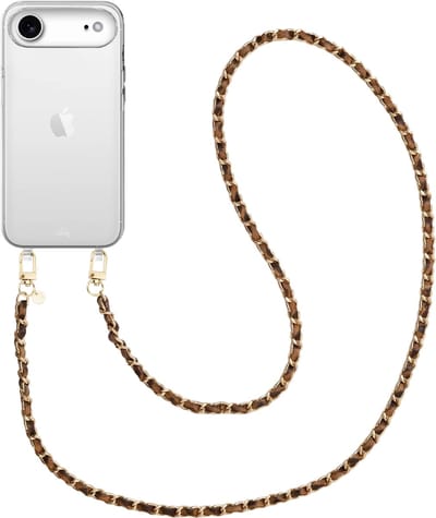 xoxo Wildhearts siliconen hoesje geschikt voor iPhone 17 Air - Classic Chain - Leopard (lang koord) - Telefoonhoesje - Hoesje met koord - Schakelketting - Lang telefoonkoord - Luipaardprint met goud - Transparant hoesje