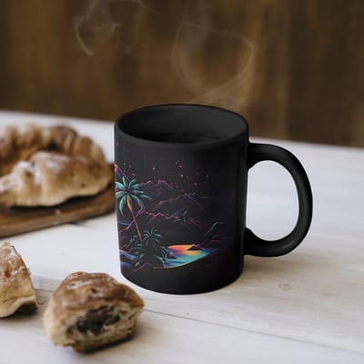 Magische Mok - Foto op Warmte Mokken - Koffiemok - Palmbomen - Neonbergen - Sterrenhemel - Zon - Magic Mok - Beker - 350 ML - Theemok