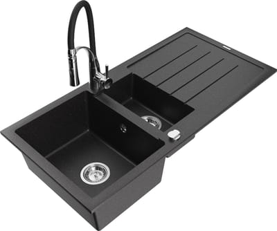 Mexen Andres granieten gootsteen 1,5-kompartement met afdruiprek en keukenkraan Aster, zwart/zilver metallic - 6515-73-73450-07