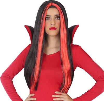 Atosa Heksenpruik lang haar - zwart/rood - dames - Halloween - Duivel - Vampier - verkleed pruik