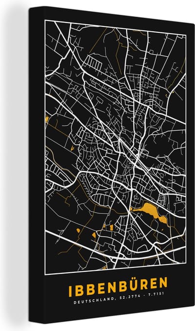 Canvas Schilderij Stadskaart – Kaart – Ibbenbüren – Gold – Duitsland – Plattegrond - 20x30 cm - Wanddecoratie