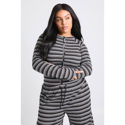 boohoo Dames Plus gestreepte button-down top met lange mouwen | Zwart | Maat: 44
