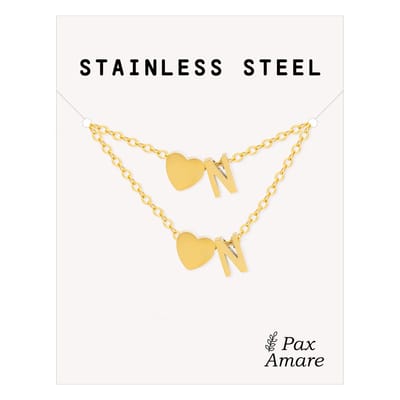 Initiaal Ketting & Armband set met Letter N Goudkleurig - Stainless Steel - Met letter & Hartje! - Naam Ketting Cadeau - Sieraden Set op Kaartje - Pax Amare