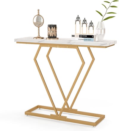 COSTWAY Consoletafel, smal, haltafel met marmerlook en geometrisch metalen frame, 100 cm bijzettafel voor woonkamer, hal, entree