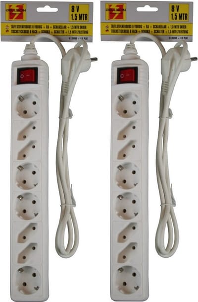 Benson stekkerdoos - 2x - 8-voudig - wit - 1,5 meter - 4 platte en 4 ronde stekkers - met schakelaar