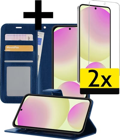 Hoesje - Met 2x Screenprotector - Geschikt voor Samsung Galaxy S24 FE - Luxe Pasjeshouder - Bookcase Portemonee - Flip Case - Kunstleer Book Case - Flipcase Hoes - Book Cover - Walletcase - Portemonneehoes - Telefoonhoesjes - Donkerblauw