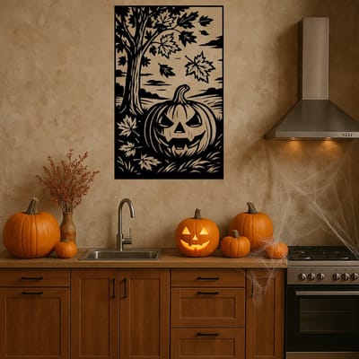 Halloween Wanddecoratie Hout – Herfst Muurdecoratie Groot – Lasergesneden Pompoen & Spooky Design – Decoratie voor Feest & Huis – Uniek Cadeau – 75 cm Hoog