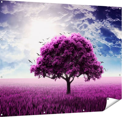 Gards Tuinposter Paarse Boom in het Paars Veld met Vogels - 150x120 cm - Tuindoek - Tuindecoratie - Wanddecoratie buiten - Tuinschilderij