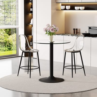 Flexibele barset: glazen tafel van 89 cm + 2 barkrukken met een zwevend design – speciaal ontworpen voor open keukens in Europa. Zwart metalen frame met comfortabele voetensteun.