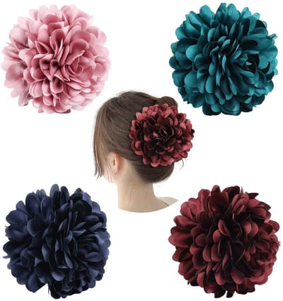 Cinaci 4 Pack Black Plastic Hair Claws Clips With Big Big Satin Flower Bow Barrettes Clamps Bun Chignon Updo Holders - ShopVlot