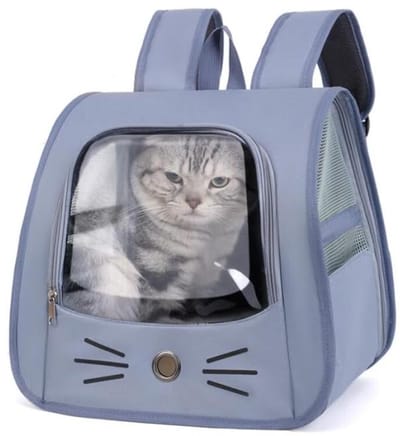 Rugzak voor huisdieren – Ademende, transparante reistas voor honden en katten; ruim en opvouwbaar, geschikt voor reizen en dierenartsbezoeken; leuk ontwerp (blauw).