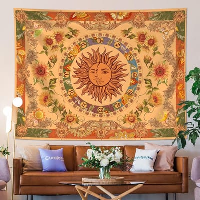 1 stuks Zon Maan Fantasie Wandkleed, Retro Etnisch Golf Simia Wandkleed, Zonnebloem Constellatie Esthetisch Wandkleed 73x95cm