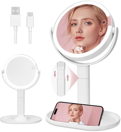 8 inch dubbelzijdig Make-upspiegel Met Verlichting,Vergrootspiegel met licht,1X/10X vergroting,dimbaar in 3 kleuren met 64 LED's,360° draaibaar,oplaadbaar via USB,ideaal voor make-up,scheren en r
