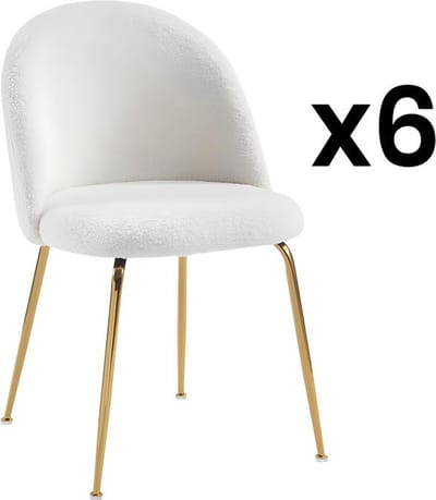 Vente-unique Set van 6 stoelen - Bouclette stof en goud metaal - Wit - MELBOURNE