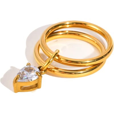 Bague pendentif cœur en zircone à double couche empilable sans ternissement Acier inoxydable plaqué PVD 18 carats Bijoux de mode pour femmes US Ring Size 08