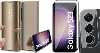 Hoesje geschikt voor Samsung Galaxy S23 - Screenprotector FullGuard & Camera Lens Screen Protector - Book Case Spiegel Goud