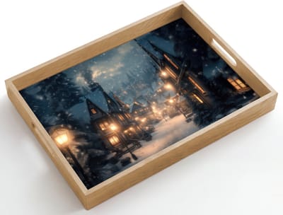 Dienblad hout 50x35 cm - Schootdienblad - Winterdorp - Sneeuw - Donker - Borrelplank rechthoek - Plateau dienbladen