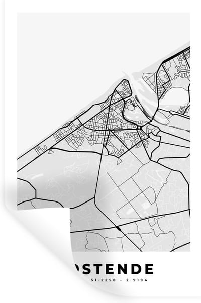 Muurstickers - Sticker Folie - België – Oostende – Stadskaart – Kaart – Zwart Wit – Plattegrond - 20x30 cm - Plakfolie - Muurstickers Kinderkamer - Zelfklevend Behang - Zelfklevend behangpapier - Stickerfolie