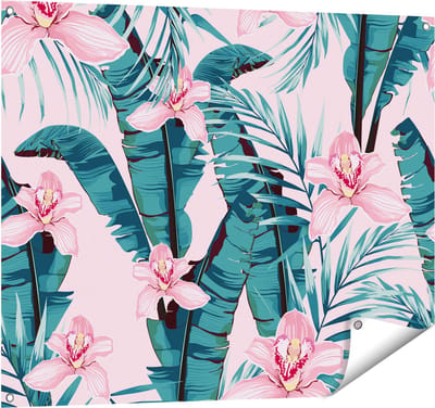 Gards Tuinposter Tropische Roze Zomer Bloemen met Bladeren - 100x80 cm - Tuindoek - Tuindecoratie - Wanddecoratie buiten - Tuinschilderij