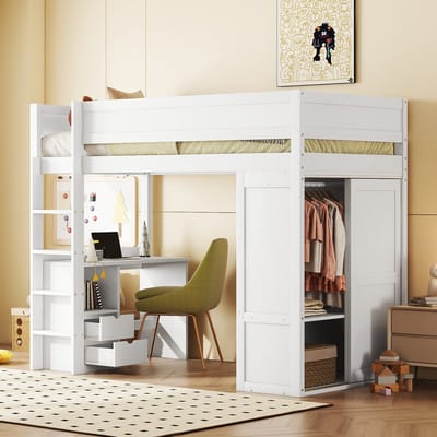 Kinderhoogslaper 90 x 200 cm met bureau, kledingkast en 2 lades - Voor kinderkamer en tienerkamer - Wit - Inclusief 15 houten latten - Veiligheidshek - Max. 120 kg belastbaar - Ruimtebesparend