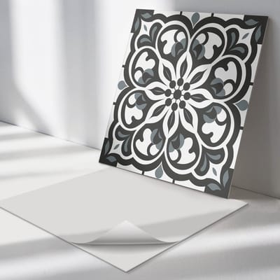 Wallfluent Vinyl Tegels - Bloemenpatroon met Ornamenten Vinyl Vloer Tegels - 30 cm x 30 cm - Zwart PVC Tegels - 9 stuks - Vierkant PVC Tegels - Texturen Plaktegels - Zelfklevende Vinyl Tegels - Plaktegels Keuken en Badkamer
