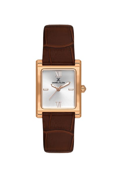 Daniel Klein DK.1.14112-6- Horloge - Polshorloge - Analoog - Dames - Vrouwen - Leren band - Metaal - Vierkant - Romeinse cijfers - Strepen - Bruin - Rosékleurig - Wit - Zwart