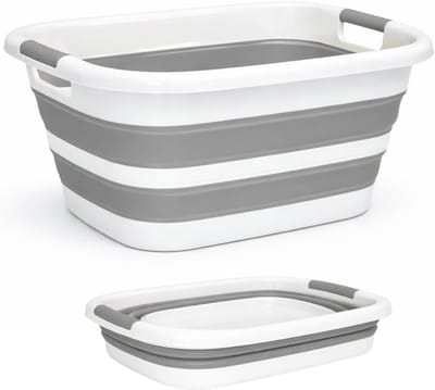 Wasmand opvouwbaar 26 L – Collapsible Laundry Basket | Ruimtebesparende Opvouwbare Wasmand met Handgrepen – Sterk Plastic & Flexibele Siliconen – Voor Wasgoed Transport en Opslag (Grijs)