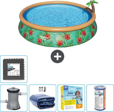 Bestway Rond Opblaasbaar Fast Set Zwembad - Paradijsprint - 457 x 84 cm - Inclusief Pomp Solarzeil - Onderhoudspakket - Filter - Vloertegels