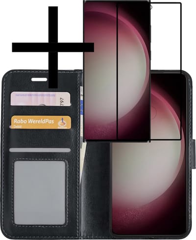 Hoesje - Met Screenprotector - Geschikt voor Samsung Galaxy S23 Ultra - Luxe Pasjeshouder - Bookcase Portemonee - Flip Case - Kunstleer Book Case - Flipcase - Book Cover - Walletcase - Portemonneehoes - Zwart