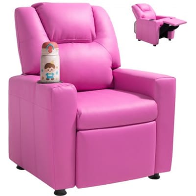 VEVOR Kinderfauteuil met bekerhouders, 101° tot 121° verstelbare rugleuning, PU-leren relaxfauteuil met voetenbank, voor jongens en meisjes (roze) 41 kg draagvermogen relaxfauteuil
