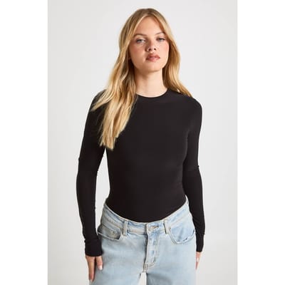 boohoo Dames Petite Dubbele Laag Slinky Bodysuit Met Lange Mouwen En Ronde Hals | Black | Maat: 6