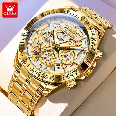 HO-9913.wi : OLEVS goudlkl edelstaal chronografisch quartz horloge, witzilverekl wijzerplaat skeleton-look, tachymeter, kalenderdag