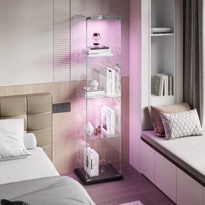 Enkele glazen vitrinekast met 4 planken, push-to-open LED-verlichting, witte voet, zeer transparant gehard glas, eenvoudige montage, elegante presentatie