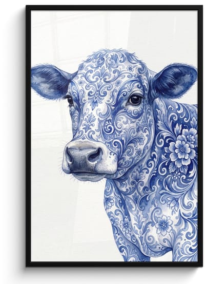 Poster in lijst - Fotolijst 80x120 cm - Posters - Illustratie - Koe - Blauw - Posterlijst zwart - Decoratie - Wanddecoratie woonkamer - Muurdecoratie slaapkamer