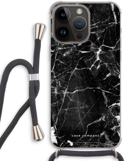 Case Company® - Hoesje met koord geschikt voor iPhone 14 Pro Max hoesje met Koord - Zwart Marmer - Telefoonhoesje met Zwart Koord - Bescherming aan alle Kanten en Over de Schermrand