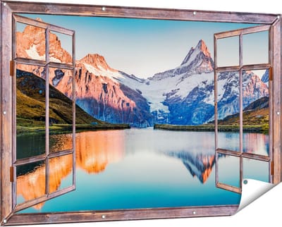 Gards Tuinposter Doorkijk Bergen Landschap bij het Meer - 150x100 cm - Tuindoek - Tuindecoratie - Wanddecoratie buiten - Tuinschilderij