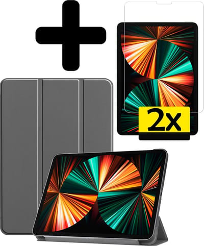 Hoes - Geschikt voor Apple iPad Pro (2021) - 11 inch - 3e generatie - Met Screenprotector - Trifold Bookcase - Hard Cover - Hardcover Book Case - Tablet Hoesje - Grijs