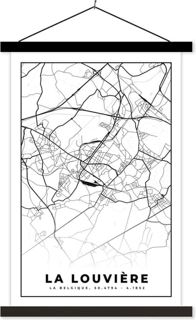 Posterhanger incl. Poster 40x60 cm - Schoolplaat - België – La Louvière – Stadskaart – Kaart – Zwart Wit – Plattegrond - Textielposter - Zwarte latten - Stadskaart