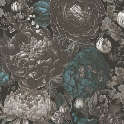 Bloemen behang Profhome 399792-GU vliesbehang hardvinyl warmdruk in reliëf glad met bloemmotief mat zwart blauw grijs wit 5,33 m2
