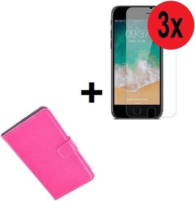 Geschikt voor iPhone SE (2020) hoes wallet bookcase hoesje Cover P roze + 3x Tempered Gehard Glas / Glazen screenprotector (3 stuks) Pearlycase