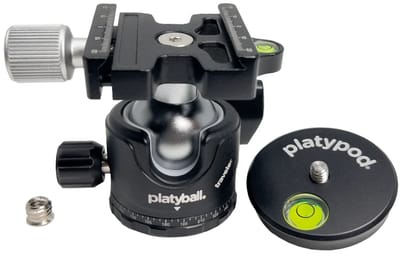 Platypod Traveler, Compact Arca-compatible Ballhead with panning capabilities, including Platypod Disc