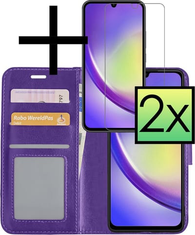 Hoesje - Met 2x Screenprotector - Geschikt voor Samsung Galaxy A34 - Luxe Pasjeshouder - Bookcase Portemonee - Flip Case - Kunstleer Book Case - Flipcase Hoes - Book Cover - Walletcase - Portemonneehoes - Paars