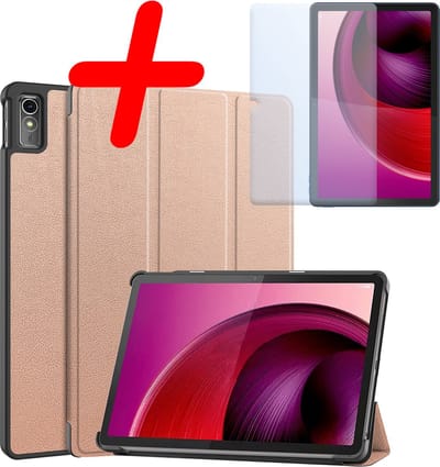 Hoesje Geschikt voor Lenovo Tab M10 5G - Met Screenprotector - Trifold Bookcase - Hard Cover - Hardcover Book Case - Tablet Hoes - Rosé goud