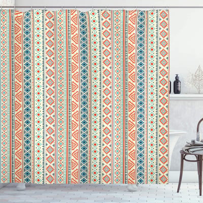 ABAKUHAUS Douchegordijn Folk Randen – Stof, 175×220 cm, Oranje/Blauw