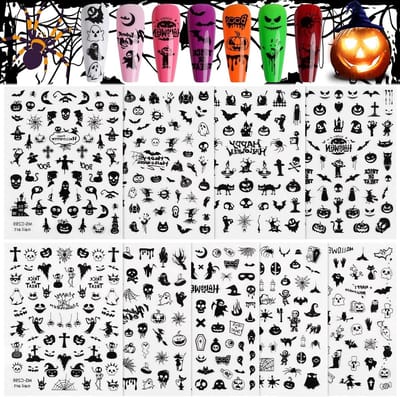 9 Bladen Halloween Nagelstickers - Zelfklevende Nagelkunst met Pompoenen, Vleermuizen en Schedels voor Feestelijke Nail Art en Halloween Decoratie