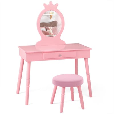 COSTWAY Kindermake-uptafel, 2-in-1 make-uptafel en bureau met afneembare spiegel en kruk, kaptafel met lade en dennenpoten, make-uptafel tot 65 kg belastbaar, 70 x 34 x 100 cm (roze)