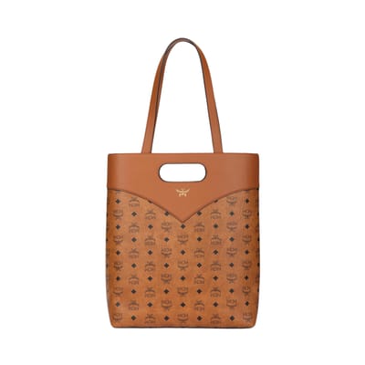 MCM Visetos Logo Patroon Verguld Messing Tote Tas Boodschappentas Schouder Crossbody Leer Mengsel Handtas Grote Dames tote Cognac MMTEAAK01CO001 Basic Set (Bag+Dust Bag) brown
